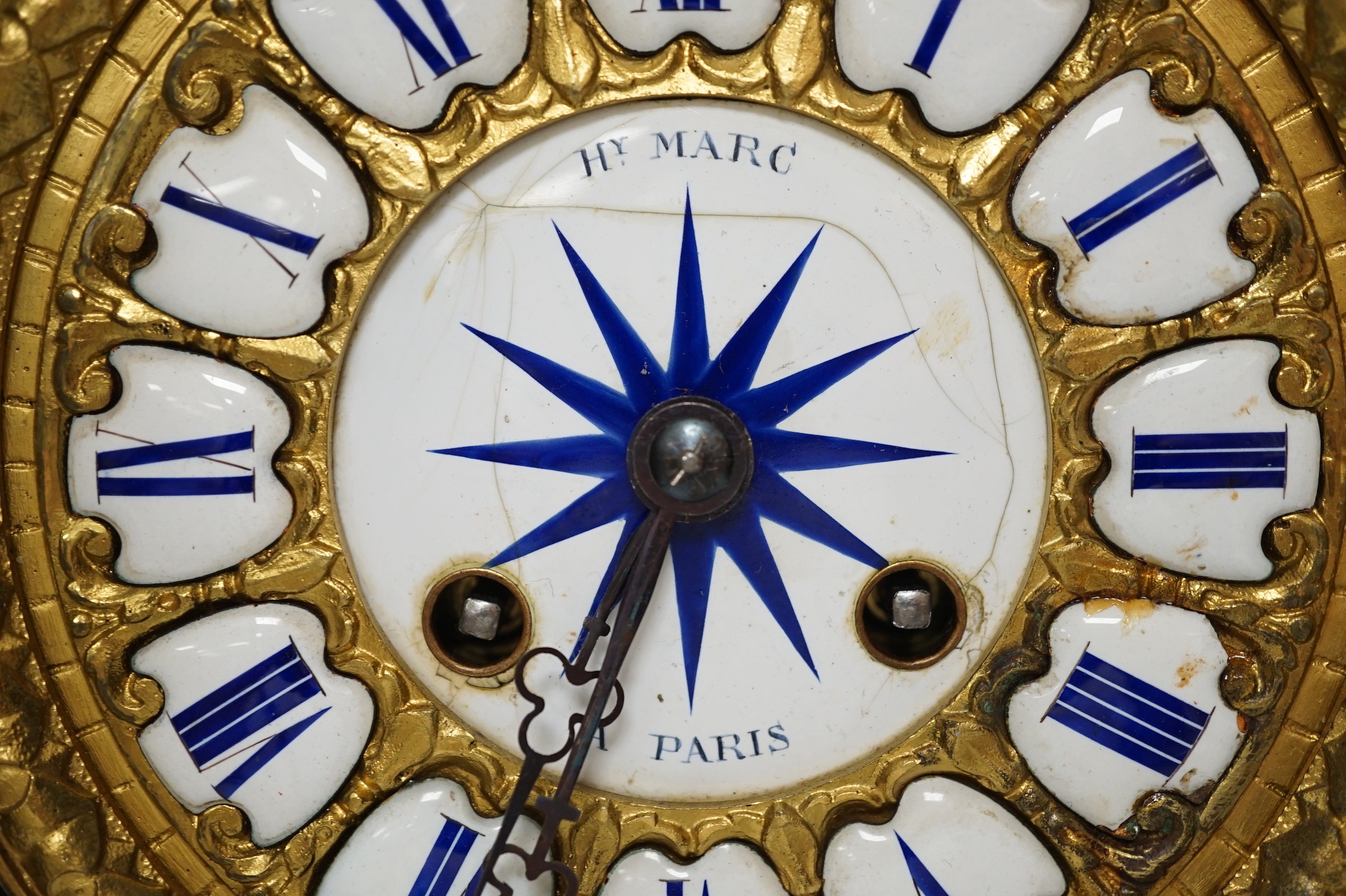 Henry Marc of Paris - A late 19th century French Louis XV style ormolu mounted boulle inlaid eight day mantel clock. (dial cracked), height 42cm